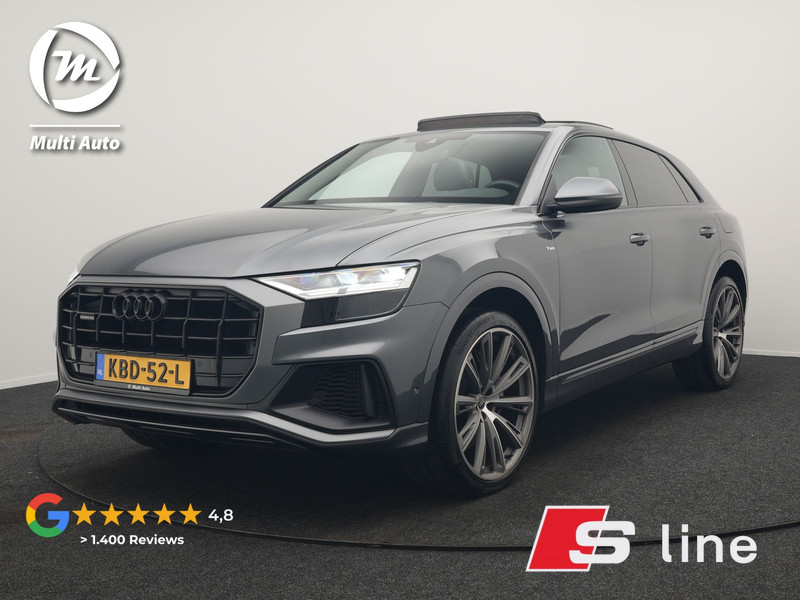 Audi Q8 55 TFSI e Quattro 2x S Line Black Optic PHEV 381pk Dealer O.H. | Trekhaak Af Fabriek | Luchtvering | Panodak | Bang & Olufsen Sound | Camera | Alcantara Sportstoelen Verwarmd | 23"L.M | Virtual | Navigatie | DAB | Plug In Hybrid |