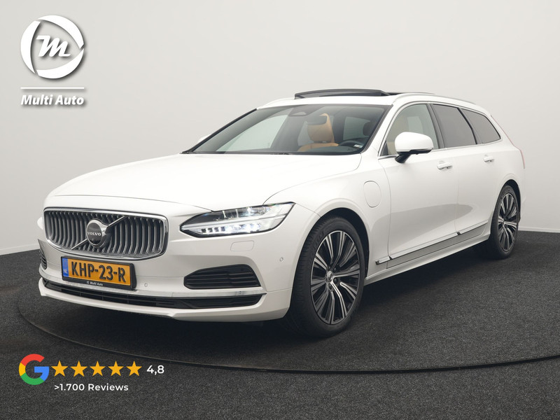 Volvo V90 T8 AWD Plus Bright LONG RANGE PHEV 455pk Dealer O.H. | Trekhaak Af Fabriek | Panodak | Adaptive Cruise | 360 Camera | Harman / Kardon | Lederen Sportstoelen Ventilatie & Memory | Stoelen & Stuur Verwarmd | Keyless | Blis | Google Assistent |