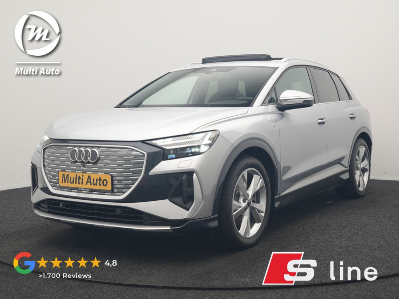 Audi Q4 E-Tron 40 S Line 77 kWh 204pk Dealer O.H. | Panodak | Adaptive Cruise | Head Up | Camera | Matrix LED | Camera | Warmtepomp | Sportstoelen Memory & Verwarmd | Stuur Verwarmd | Apple Carplay | Navigatie | DAB |